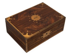 An antique English Regency period kingwood jewellery box with inlaid brass decoration, interior fitted with lift-out tray and compartments lined in red velvet, circa 1820, 11.5cm high, 30cm wide, 21cm deep