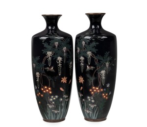 A pair of antique Japanese cloisonne wisteria vases with silver wire on dark ground, Meiji period, 19th/20th century, 18cm high