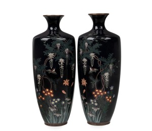 A pair of antique Japanese cloisonne wisteria vases with silver wire on dark ground, Meiji period, 19th/20th century, ​​​​​​​18cm high