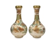 SATSUMA&nbsp;fine quality pair of onion shaped Japanese earthenware miniature vases with butterfly and bird decoration, Meiji period, signed "Fujisan", 9cm high