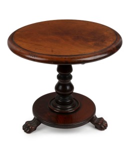 A miniature William IV antique English mahogany tilt-top breakfast table with turned column and lion paw feet, circa 1840, 28cm high, 32cm diameter