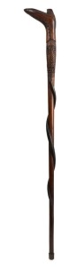 An antique Australian blackwood walking stick with carved boot handle, incised decoration and snake motif, 19th century, 92cm high