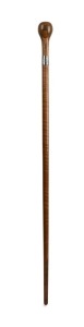 An antique Australian walking stick with turned specimen wood handle, silver collar and myrtle shaft, 19th/20th century, 90cm high