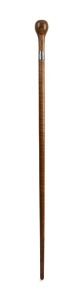 An antique Australian walking stick with turned specimen wood handle, silver collar and myrtle shaft, 19th/20th century, ​​​​​​​90cm high