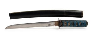 An antique Japanese tanto with green shagreen scabbard, late Edo period, mid 19th century, 41cm long Note: License required for Victorian purchasers