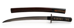 An antique Japanese wakizashi (short sword) with lacquer ware scabbard, with papers, Edo period, 19th century, 53cm long Note: License required for Victorian purchasers