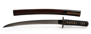 An antique Japanese wakizashi (short sword) with lacquer ware scabbard, with papers, Edo period, 19th century, 53cm long Note: License required for Victorian purchasers