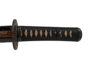 An antique Japanese wakizashi (short sword) with lacquer ware scabbard, with papers, Edo period,&nbsp;19th century, 53cm long Note: License required for Victorian purchasers - 4