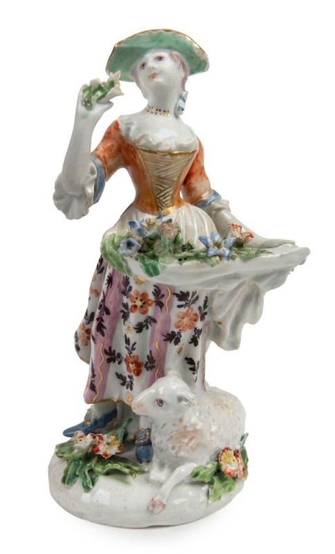 BOW antique English porcelain statue of a lady with sheep and flowers, 18th century, ​​​​​​​15.5cm high