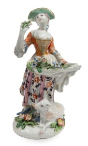 BOW antique English porcelain statue of a lady with sheep and flowers, 18th century, 15.5cm high