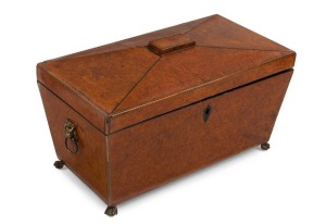 An antique English burr amboyna box with fitted interior, circa 1820, 18cm high, 32cm wide, 17cm deep