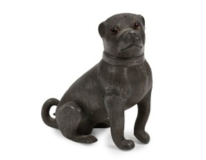 An antique French cast metal pounce pot in the form of a pug dog, 19th century, 11cm high