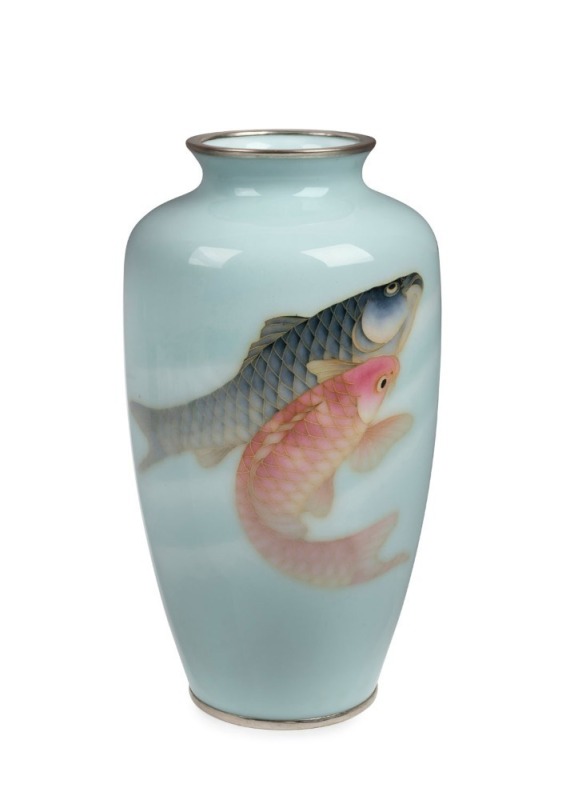 ANDO (attributed) Japanese cloisonne vase with koi carp decoration on sky blue ground, circa 1930, 25cm high