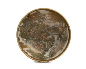 SATSUMA fine quality antique Japanese earthenware bowl decorated with garden scenes and figures, by Fujisan, Meiji period, 5cm high, 13cm diameter