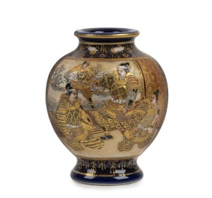 SATSUMA antique Japanese miniature earthenware vase on blue ground with gilded highlights adorned with scenes of samurai, Meiji period, 19th/20th century, ​​​​​​​7cm high