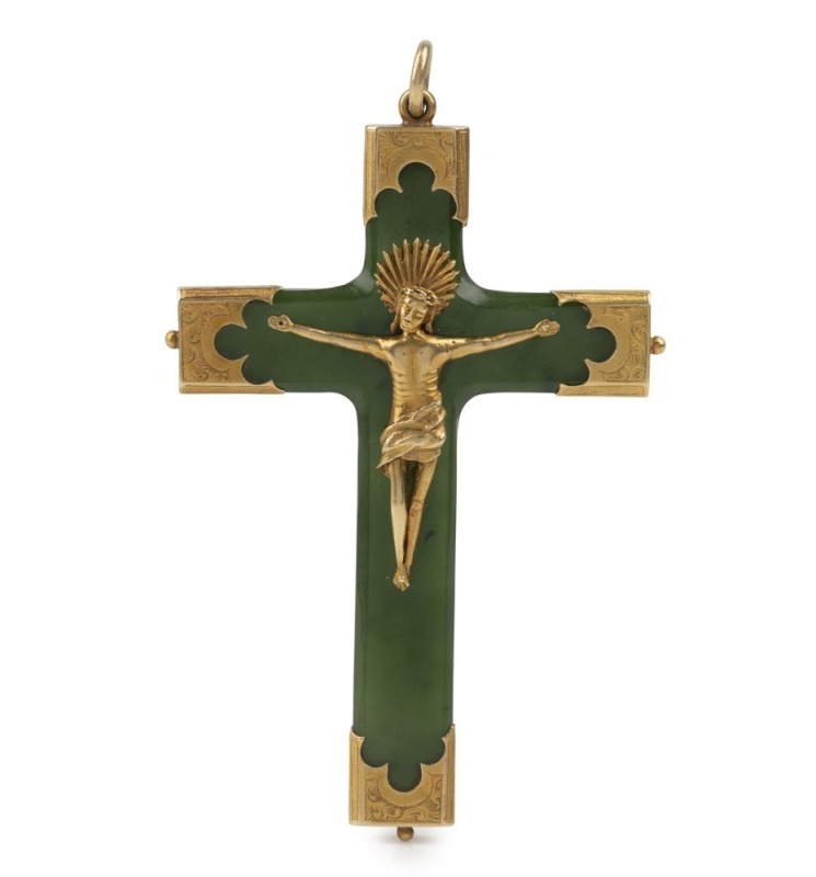 An antique New Zealand greenstone cross pendant mounted in yellow gold, 19th century, purportedly given by Bishop Pompalier to Mrs. Lizzie Henderson, some time around 1865, 8cm high overall