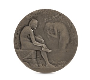 FRANCE: "Le Bain" or "Baigneuses", 1908 [struck 1910], silver medal by Abel-Lafleur, 54mm, depicting two naked females bathing; rev.trees by a river; softly modelled, superb art-deco design.  Abel-Lafleur is best known for his enduring design of the FIFA