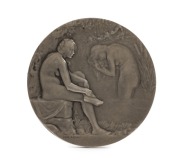 FRANCE: "Le Bain" or "Baigneuses", 1908 [struck 1910], silver medal by Abel-Lafleur, 54mm, depicting two naked females bathing; rev.trees by a river; softly modelled, superb art-deco design.&nbsp; Abel-Lafleur is best known for his enduring design of the FIFA
