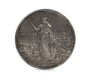 1879 ALBURY INDUSTRIAL EXHIBITION silver medal by Stokes & Martin, 47mm, awarded to E.T. POWEL(L) for the "Best collection of native weapons, jury prize." Impressed "ALBURY INDUSTRIAL EXHIBITION" around edge.