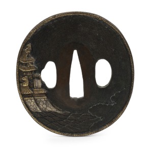 TSUBA antique Japanese bronze sword fitting with gold highlights, 19th century, ​​​​​​​7cm high