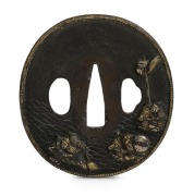 TSUBA antique Japanese bronze sword fitting with gold highlights, 19th century, ​​​​​​​7cm high - 2
