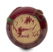 REMUED pottery vase with applied gumnuts and leaf, glazed in pink and green with blue interior, incised "Remued, Hand Made 57/M", 9cm high, 12cm wide - 2