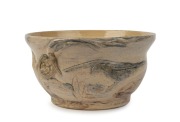 MERRIC BOYD impressive pottery fruit bowl with hand-painted and applied sgraffito decoration of a farm scene in landscape with birds and nest, incised "Merric Boyd, 1946", 13cm high, 25cm diameter