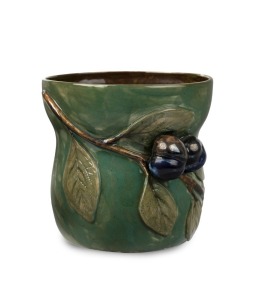CRUFFEL impressive green glazed ceramic vase with applied fruit decoration, incised "Merric Boyd, Cruffel Porcelain, 1934", 16cm high, 16.5cm wide