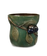 CRUFFEL impressive green glazed ceramic vase with applied fruit decoration, incised "Merric Boyd, Cruffel Porcelain, 1934", 16cm high, 16.5cm wide
