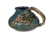 WILL ANDERSON squat pottery jug with applied branch handle, berries and leaves, incised "W. S. Anderson, Lorne, Clay", 10cm high, 18.5cm wide
