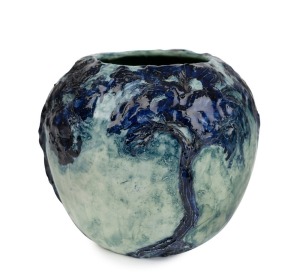BULLOCK hand-built pottery vase with applied tree decoration, incised "M. Bullock", 13cm high, 14cm wide