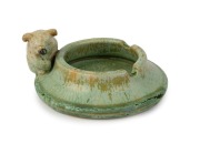 REMUED&nbsp;green glazed pottery ashtray with applied koala, incised "Remued, 4B", ​​​​​​​5cm high, 12cm wide