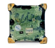 E. J. KELLY (HARVEY SCHOOL) pottery lidded butter dish with mottled green and blue glaze, emblazoned in cartouche "E. K. J.", incised "E. J. Kelly, 1936", 15cm high, 15cm wide, 14cm deep - 2