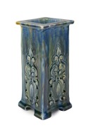 F. ARCHER (HARVEY SCHOOL) blue and green glazed square form pottery vase, incised "F. Archer, Hand Built", 19cm high