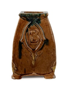 HARVEY SCHOOL pottery vase, square tapering form with brown and green glaze, incised "M. M., 1929" 15cm high