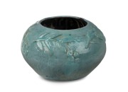 PEGGY WHITING turquoise glaze pottery vase decorated with fruit and leaves, incised "Peggy Whiting", 10cm high, 16cm wide