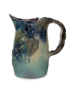 PEGGY WHITING impressive pottery jug with applied branch handle, flowers and leaves, incised "Peggy Whiting, '34", 18.5cm high, 18cm wide