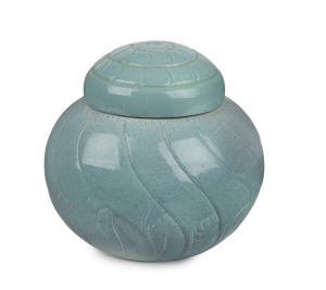KLYTIE PATE lidded vase of spiraling shell form, incised "Klytie Pate, '83", 23cm high, 24cm wide