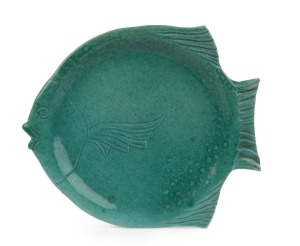 KLYTIE PATE green glazed pottery fish plate, incised "Klytie Pate", 28cm wide