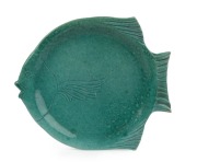 KLYTIE PATE green glazed pottery fish plate, incised "Klytie Pate", 28cm wide