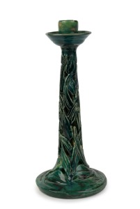MARGUERITE MAHOOD tall pierced pottery candlestick with gum leaf motif, incised "M. Mahood, T2526", 28.5cm high