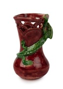 MARGUERITE MAHOOD pierced pottery dragon vase glazed in green and burgundy, incised "Marguerite Mahood, F1392", 11.5cm high