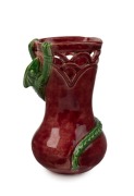MARGUERITE MAHOOD pierced pottery dragon vase glazed in green and burgundy, incised "Marguerite Mahood, F1392", 11.5cm high - 2