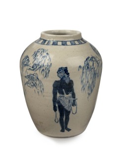 ALAN FINLAY pottery vase with hand-painted scene depicting Aboriginal warriors and gum trees, extremely scare, signed "Alan Finlay, Black Rock, Hand Paste", 14.5cm high