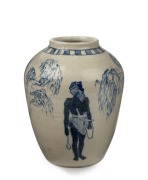 ALAN FINLAY pottery vase with hand-painted scene depicting Aboriginal warriors and gum trees, extremely scare, signed "Alan Finlay, Black Rock, Hand Paste", 14.5cm high