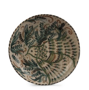 JOHN PERCEVAL and ARTHUR MERRIC BOYD pottery fruit bowl with painted decoration of bird and ferns, incised "Arthur Merric Boyd", 24cm diameter