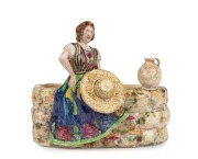 HOGUE Australian art pottery flower trough with applied female figure and urn, signed "P. K. Hogue", 17cm high, 19cm wide