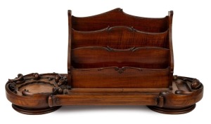 HARRY GOLDMAN fiddleback blackwood desk compendium, circa 1920, brass maker's plaque to the underside "Manufactured By H. Goldman Mfg. Co. 394-400 LaTrobe St. Melbourne", 26cm high, 55cm wide, 21cm deep.