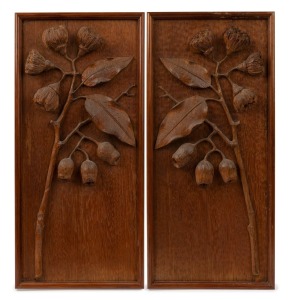 ROBERT PRENZEL (attributed), pair of carved timber panels depicting gum blossom nuts and leaves early 20th century, 42 x 19.5cm each