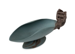 WILLIAM RICKETTS fine ceramic coolamon dish with spirit figure, rare blue and brown colourway, incised "Wm. Ricketts, Melbourne 1934", 6cm high 16cm wide